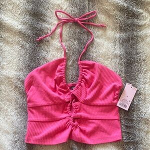 4/$30 Hot Pink Ribbed Ruched Halter Crop Top